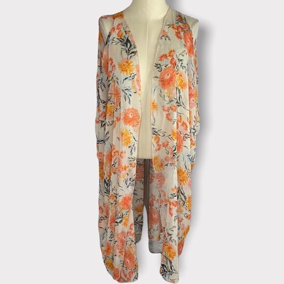 American Rag Chiffon Geranium Floral Cold Shoulder Open Front Kimono Cover Up 1X - Picture 3 of 11